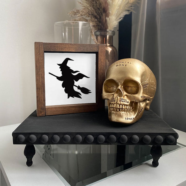 Witch on Broom Framed Halloween 5x5 | Shelf Signs