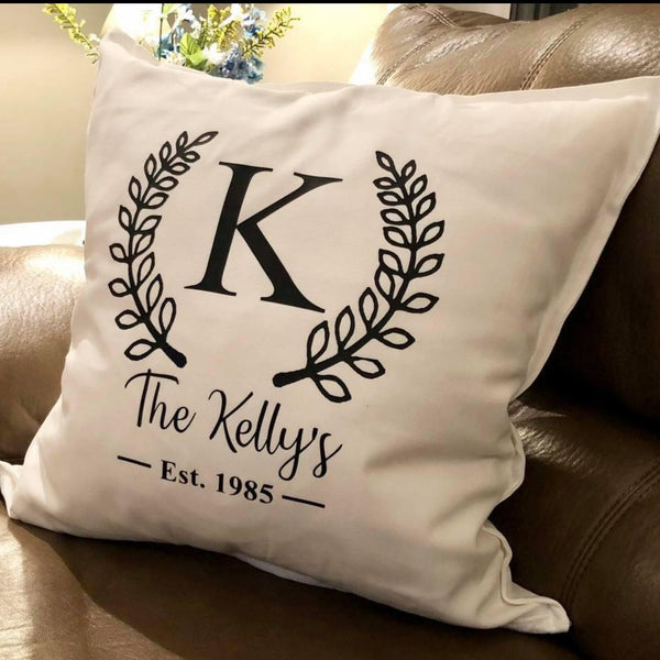 Custom Family Name Throw Pillow | Wreath & Established Date